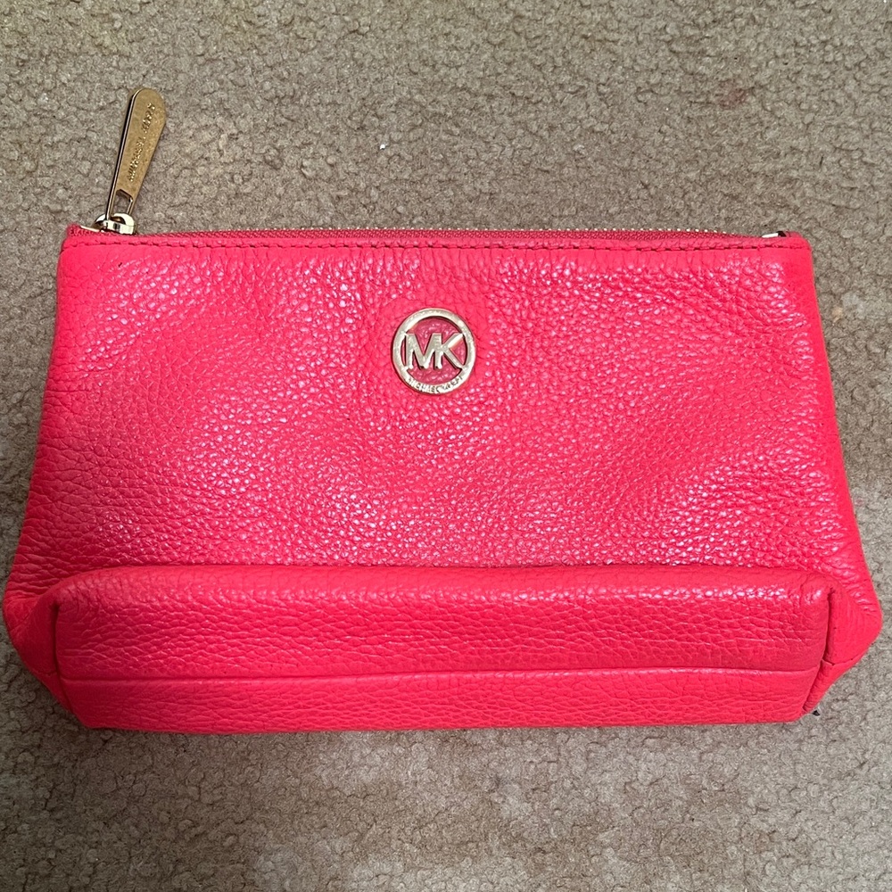 Michael Kors Hot Pink Pebbled Leather Cosmetic Case with Gold MK Logo